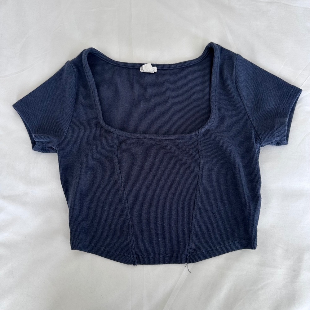 Garage Navy Blue Ribbed Cropped Baby Tee Size S Streetwear Y2K Square Neck Basic
